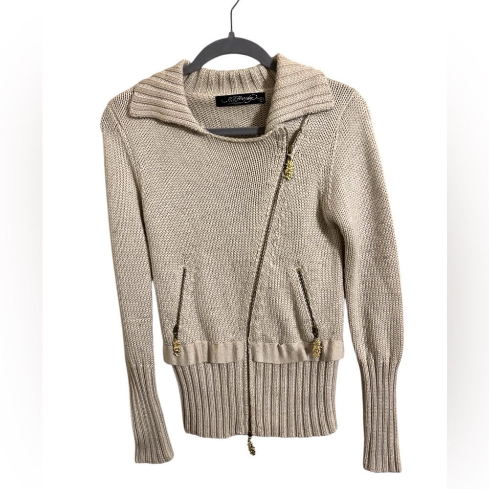 Ed Hardy‎ Y2K Cream Zip Up Sweater Glitter Logo Small